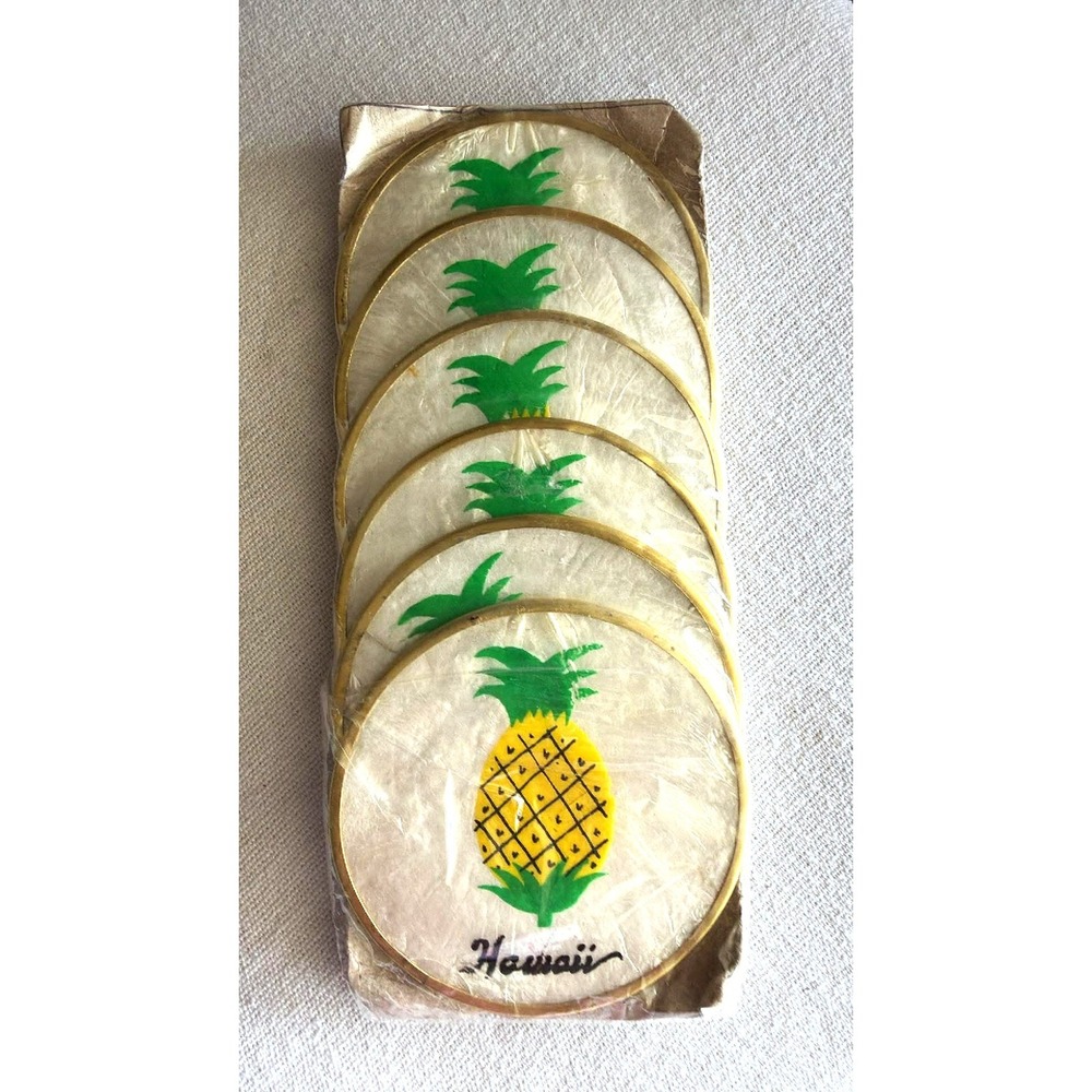 Hawaii Souvenir Coasters Set of 6 Multi NOS Vintage Pineapple Tiki Shell